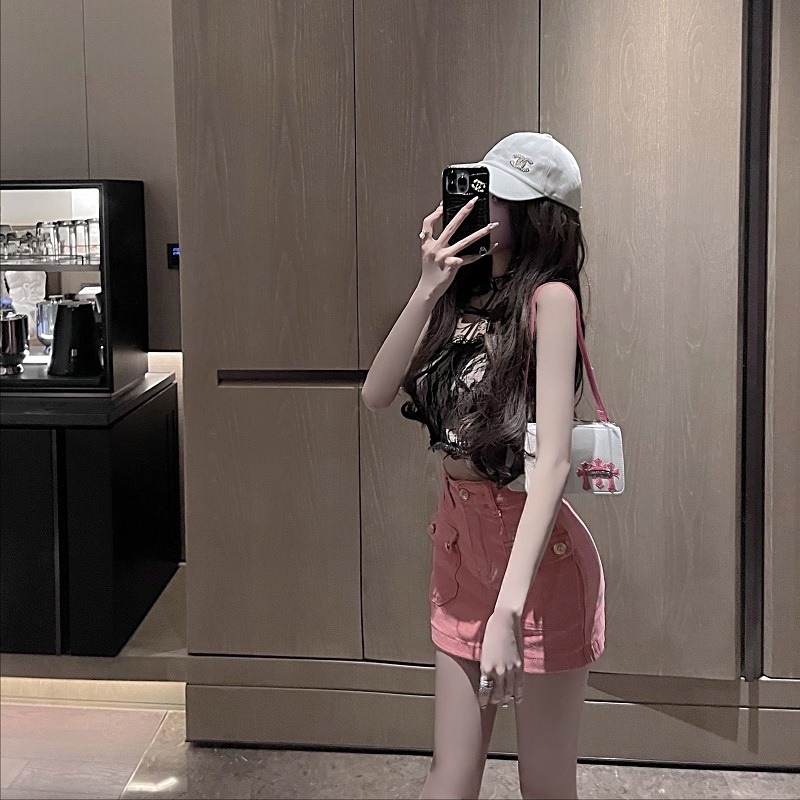 &quot;Hot little girl&quot; gold button work clothes style pocket hot girl denim short skirt new summer large versatile short skirt