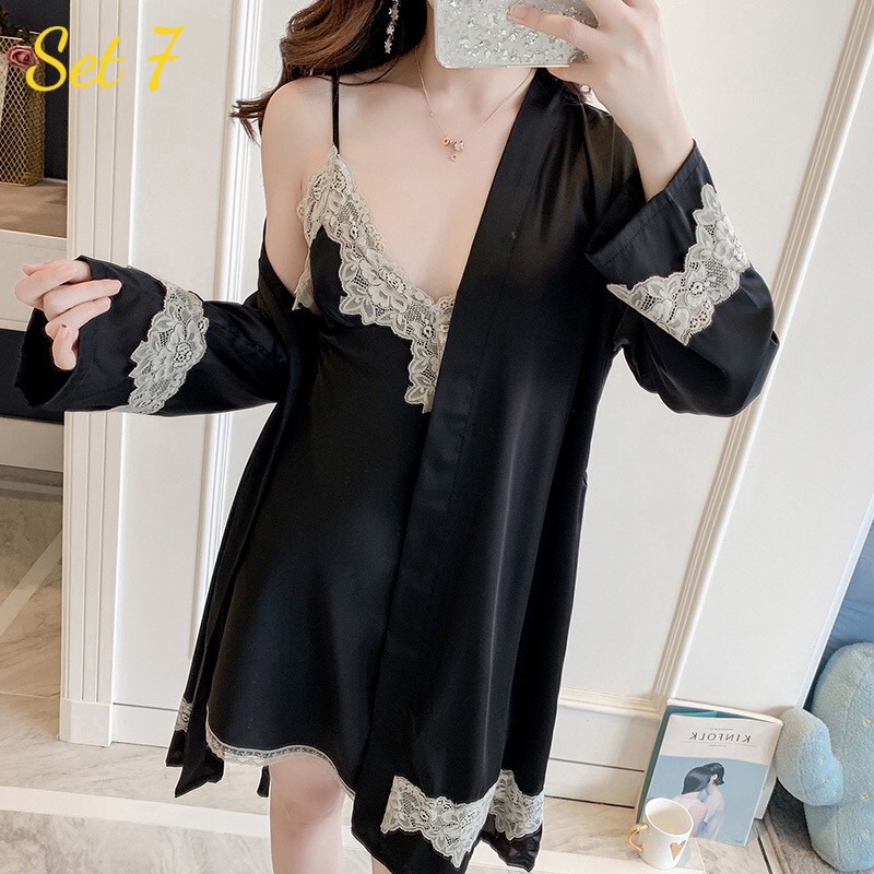 Váy Ngủ Lụa Gợi Cảm VN07 Có Set Áo Khoác Chất Satin Mát Mịn Hàng Quảng Châu Cao Cấp | BigBuy360 - bigbuy360.vn