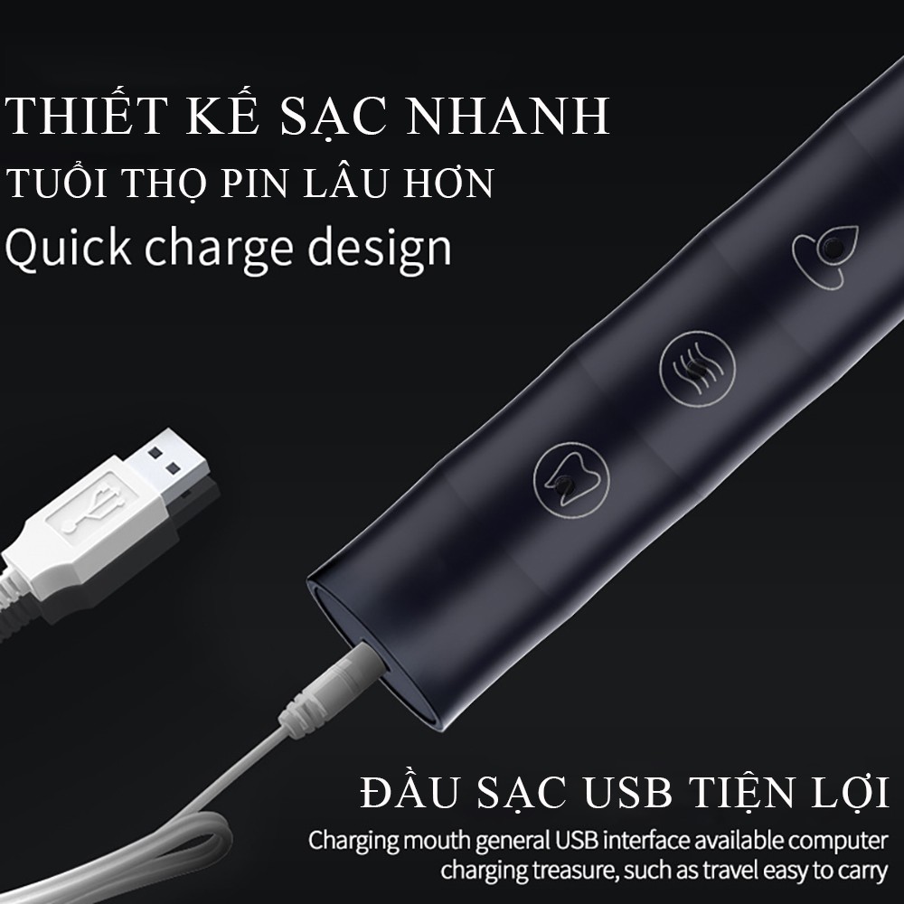 Bàn chải đánh răng điện, bàn chải đánh răng sạc pin động cơ rung siêu âm, 6 chế độ, chống nước toàn thân an toàn