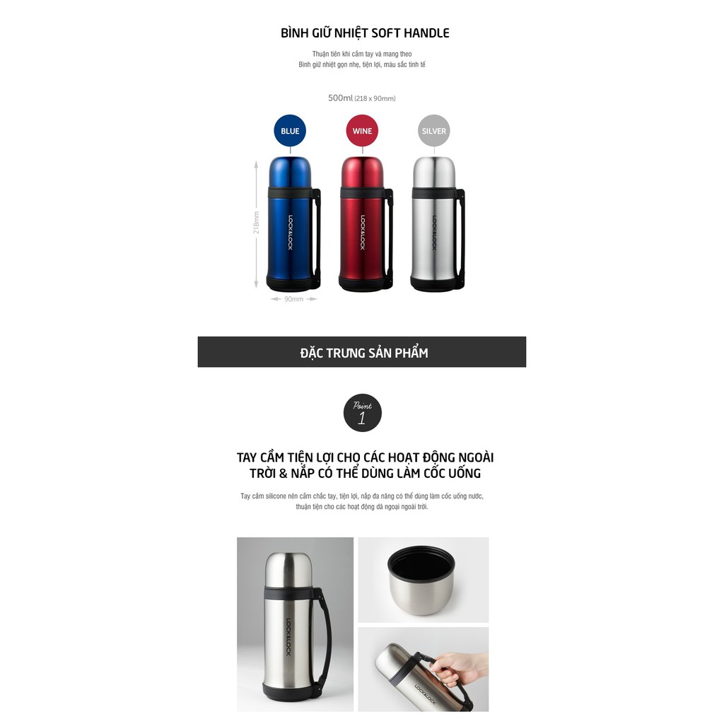 Bình giữ nhiệt Lock&Lock Soft Handle 500ml có tay cầm - Màu đỏ LHC1417RED
