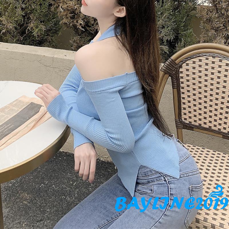 Áo dệt kim tay dài trễ vai màu trơn không đối xứng dành cho người lớn