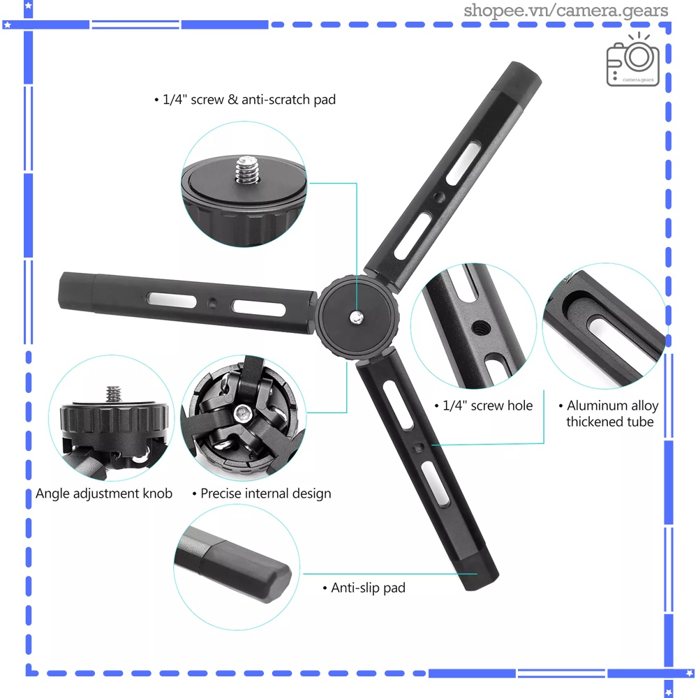 Tripod khóa xoay Andoer AT-04, đế 3 chân chắc chắn cho máy ảnh, máy quay phim, gimbal, điện thoại| Chất liệu hợp kim