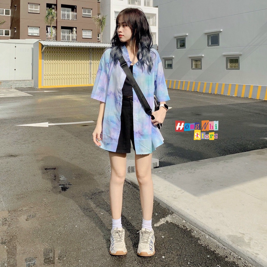 Áo Sơ Mi Họa Tiết Loang Màu Tay Lỡ Dáng Rộng Ulzzang Unisex, Sơ Mi Đi Biển - MM