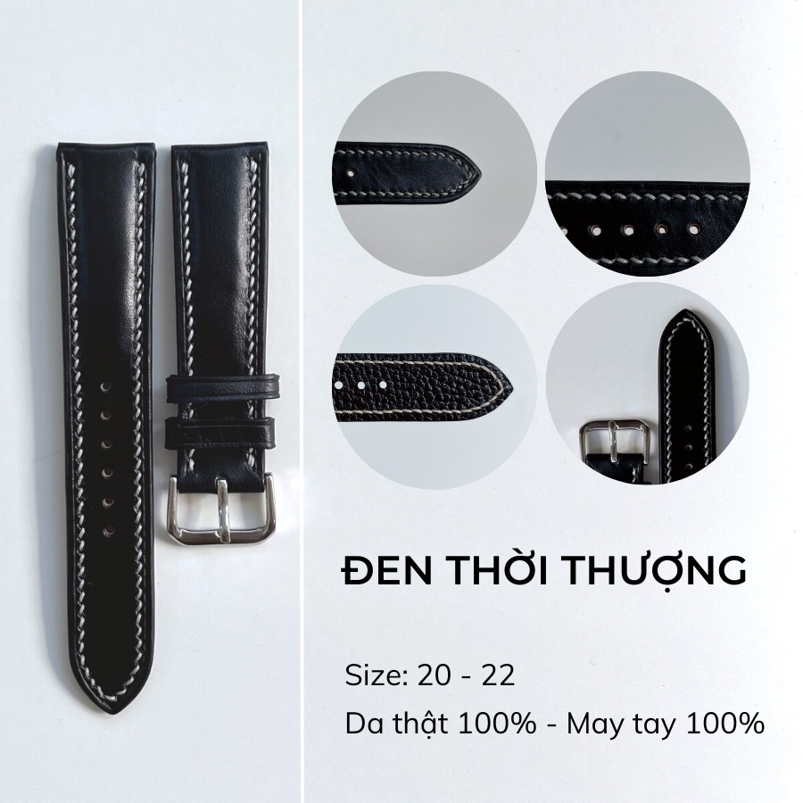 Dây Đồng Hồ Da Bò Nam 20mm, 22mm, Da Thật Chính Hãng, Màu Đen Chỉ Trắng, Handmade Cao Cấp, Chống Nước, Bảo Hành 12 Tháng