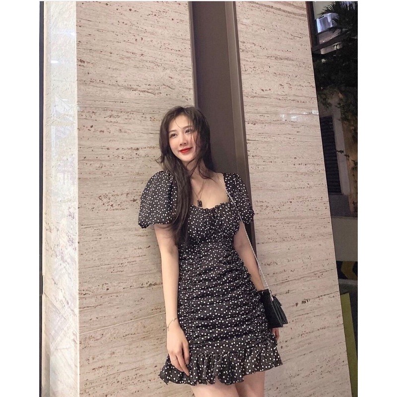 🍓Váy chấm bi đen - trắng cổ vuông dúm đuôi cá ( ảnh thật, cận chất) | BigBuy360 - bigbuy360.vn