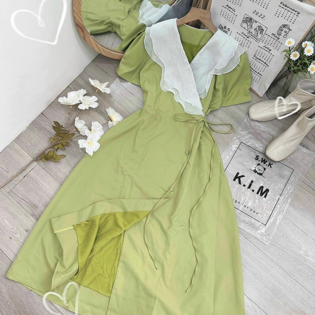 Váy nữ thiết kế dự tiệc, Đầm Midi phối bèo cổ trẻ trung , dễ thương