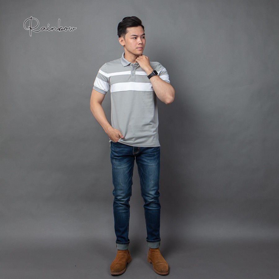 Áo thun có cổ, áo polo cotton chính hãng Rainbow PO003 - Xám phối sọc thân | BigBuy360 - bigbuy360.vn