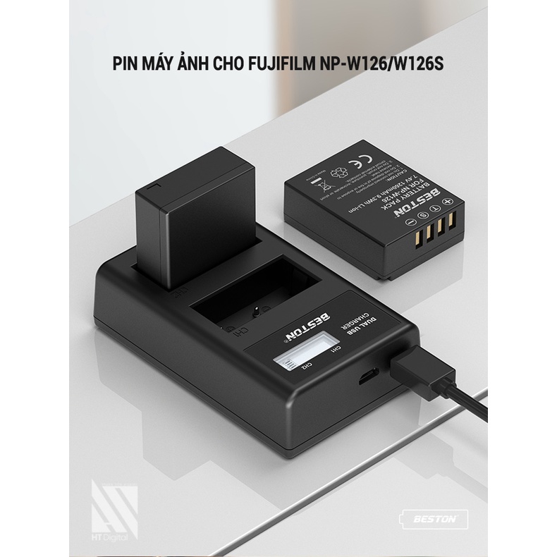Bộ 2 Pin + Sạc Đôi Beston Fujifilm NP-W126 NP-W126S Cho Fujifilm X-T20 X-T10 X-T100 X100F X-H1 X-T3 X-T2 X-T1 X-A5 X-A3