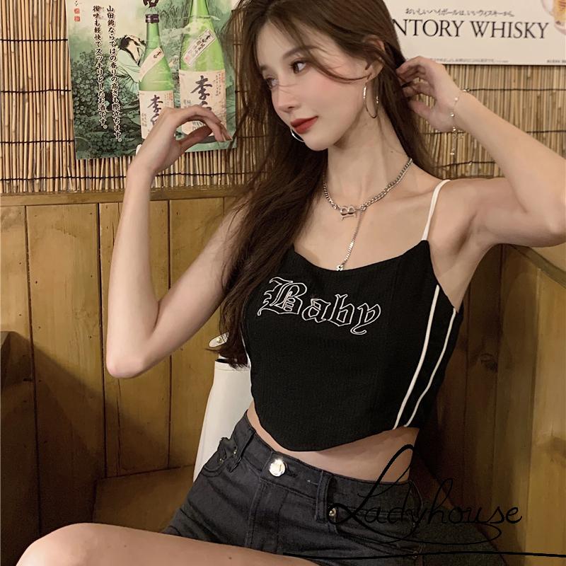 Áo Croptop Hai Dây Thêu Chữ Thời Trang Cho Nữ