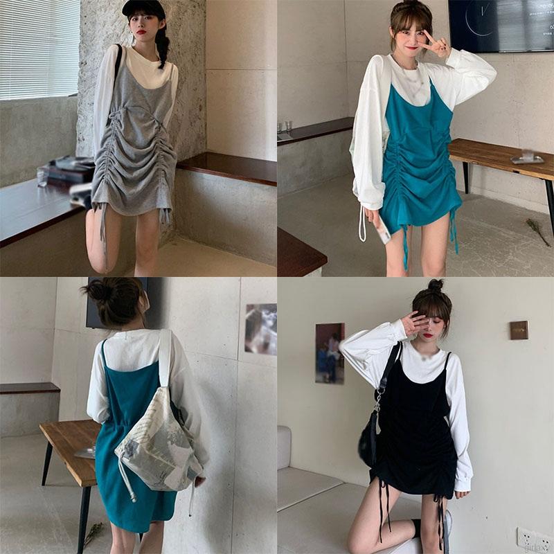 Đầm dáng dài giả hai lớp phối tay dài phong cách Hàn Quốc trẻ trung