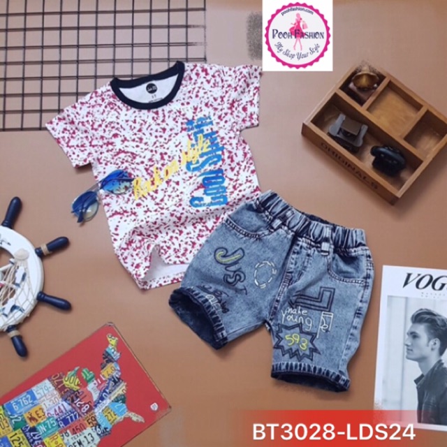 Set áo thun cotton in vẩy sơn, quần short jeans
