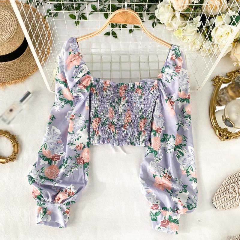 Áo Sơ Mi Lửng Tay Dài Rút Dây In Hoa Gợi Cảm Phong Cách Hàn Quốc Thời Trang Cho Phụ Nữ