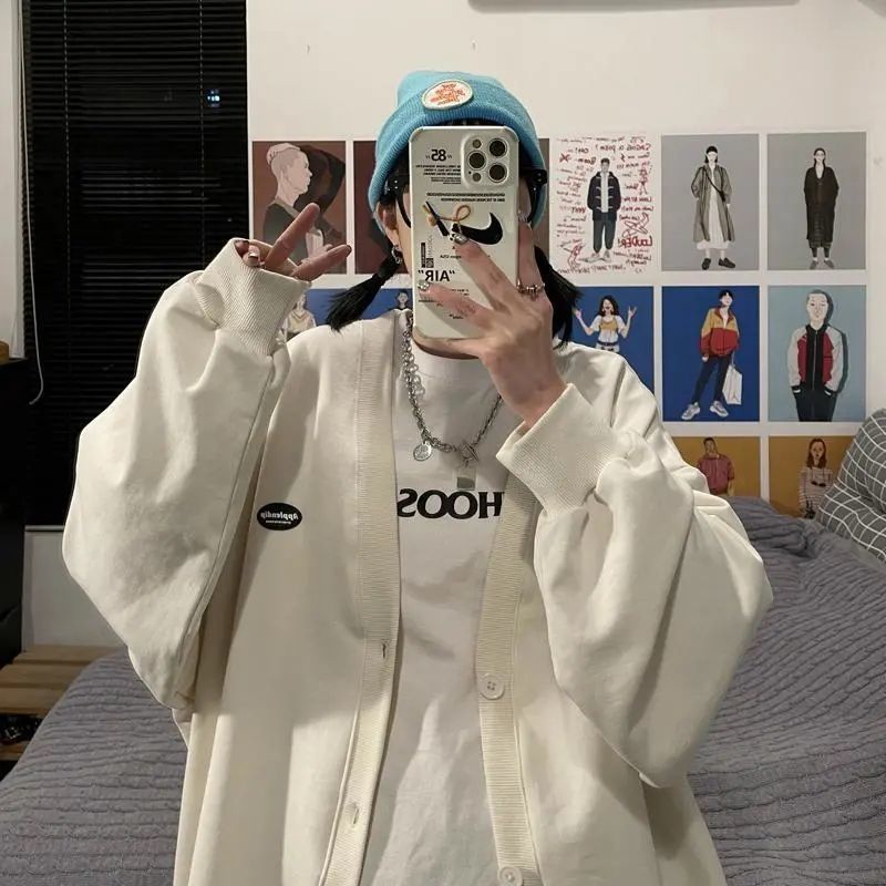 Áo khoác cardigan bằng cotton tay dài dáng rộng phong cách Harajuku 3 màu tùy chọn cho nữ