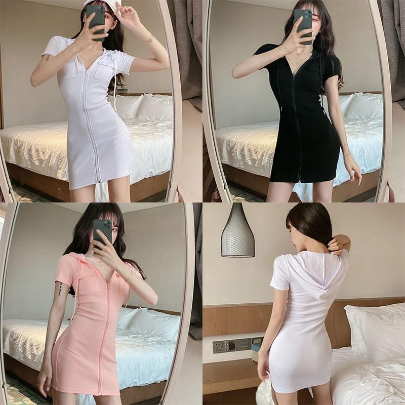 Đầm Ôm Tay Ngắn Màu Trơn Thiết Kế Đơn Giản Phong Cách Hàn Quốc
