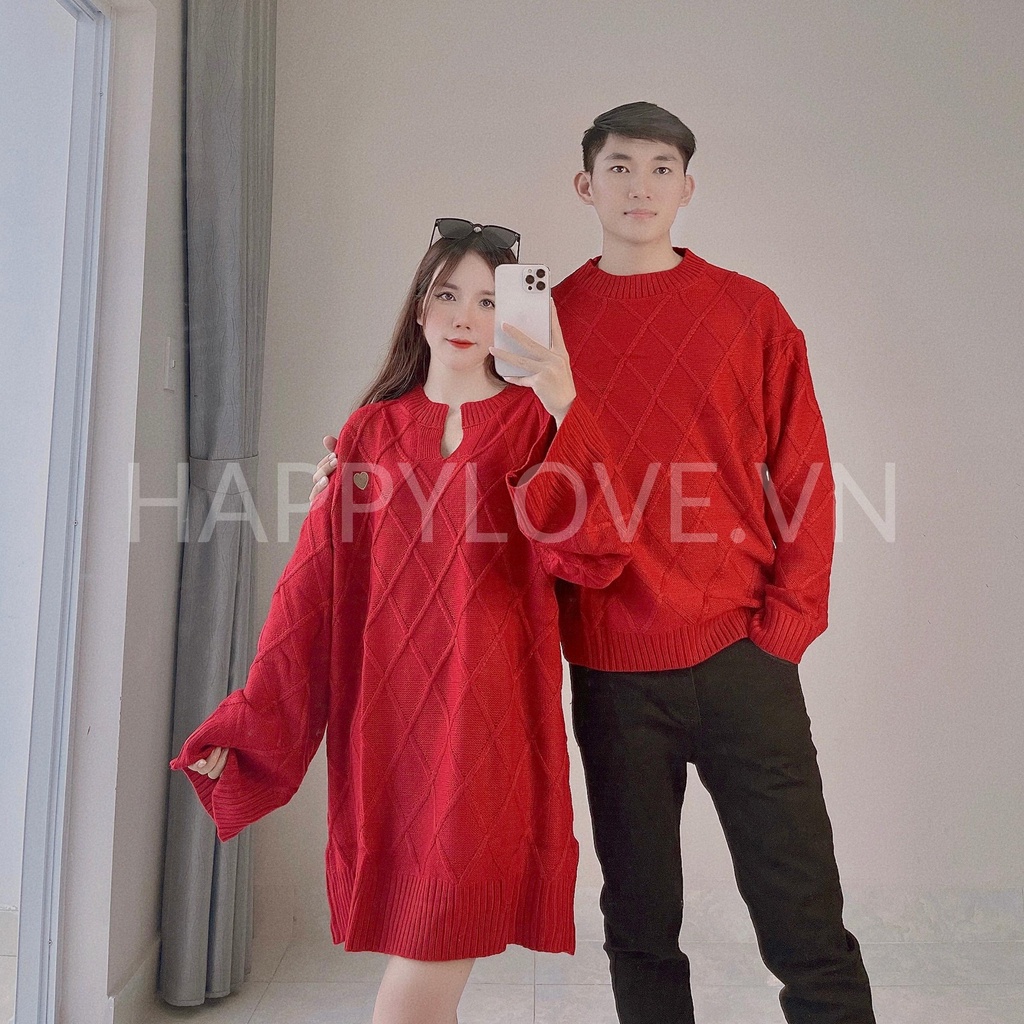 Set Áo len đôi nam nữ Quảng Châu form rộng màu Đỏ thêu Trái Tim HAPPYLOVE, Set Đồ Đôi Đầm nữ Áo nam đẹp rẻ Couple H25