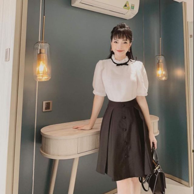 Set áo cổ nơ + chân váy xòe