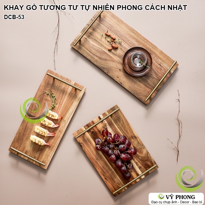 KHAY GỖ MÂM GỖ TƯƠNG TƯ TỰ NHIÊN CÓ TAY CẦM INOX PHONG CÁCH NHẬT BẢN TRANG TRÍ BẾP ĐẠO CỤ CHỤP ẢNH SẢN PHẨM DCB-53