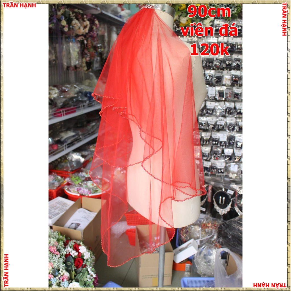 Voan lup cô dâu đỏ viền hạtTH
