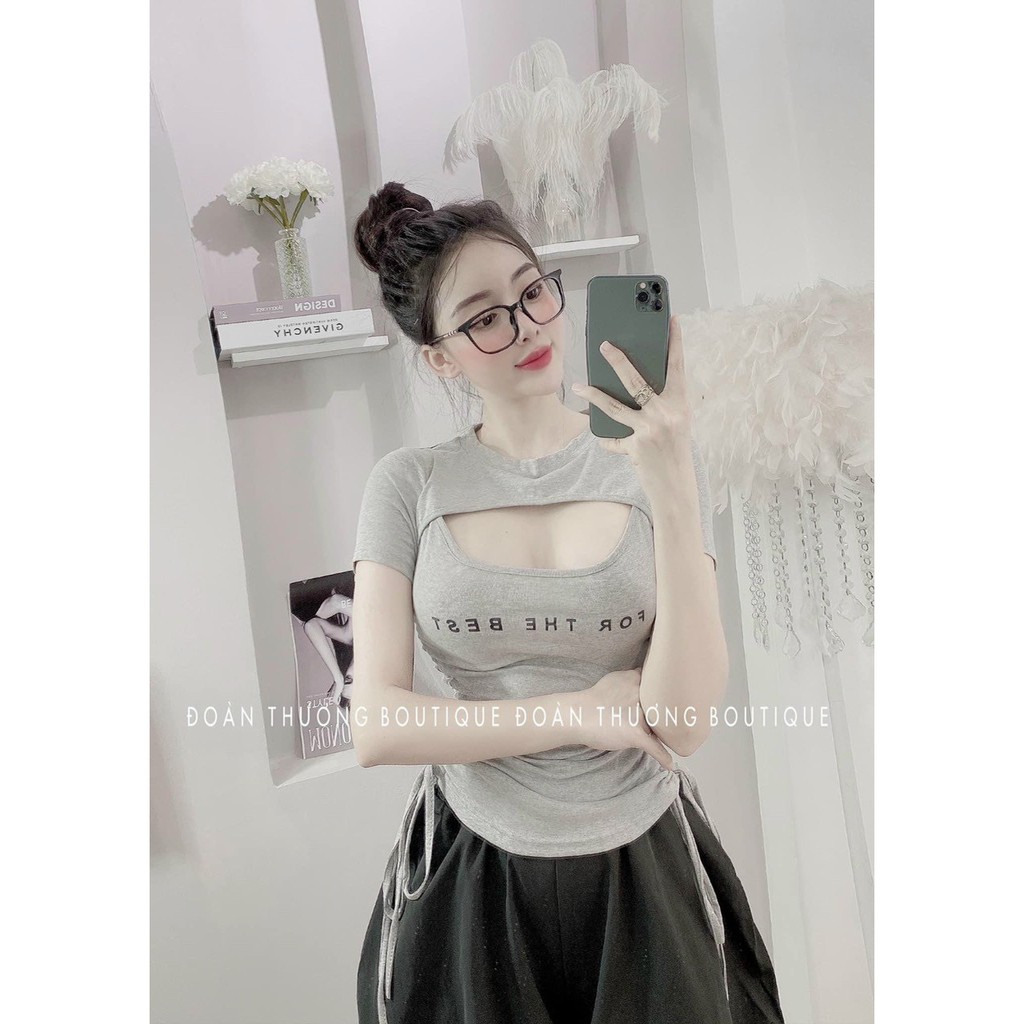 áo thun tay ngắn cổ tròn khoét ngực rút dây hai bên hông xinh xắn LS069