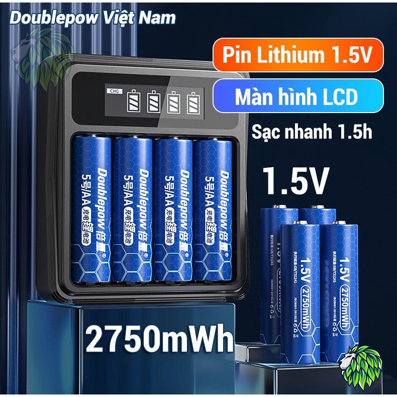 Bộ Pin Sạc AA AAA 1.5V Doublepow L156 Tự Ngắt, Màn hình LCD, Pin Sạc AA 1.5V 2700mWh Lithium cho micro, đồng hồ, remote