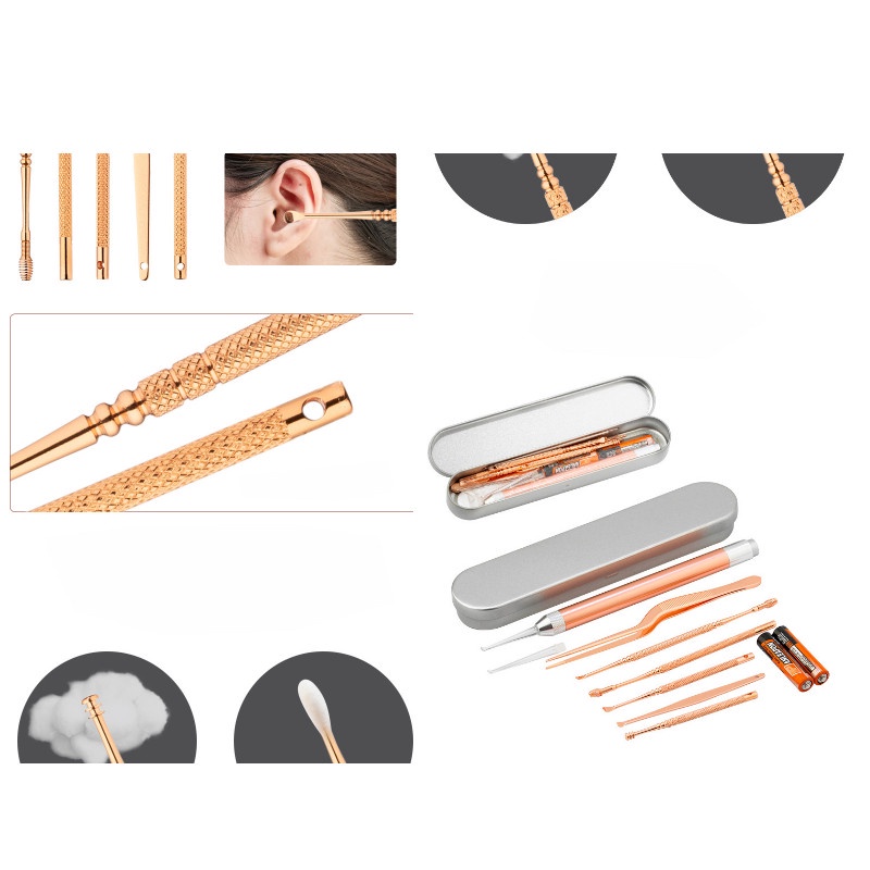 Bộ 7 Dụng Cụ Lấy Ráy Tai Có Đèn LED Bằng Thép Không Gỉ Màu Vàng Hồng Chất Lượng Cao (Tặng kèm hộp và pin)