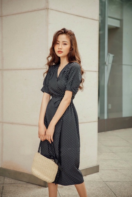 Đầm Maxi Đắp Tà Chấm Bi đỏ đen xt ( kèm clip)