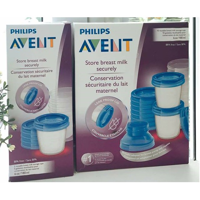 Hộp 10 cốc trữ sữa Avent và 2 cổ nối