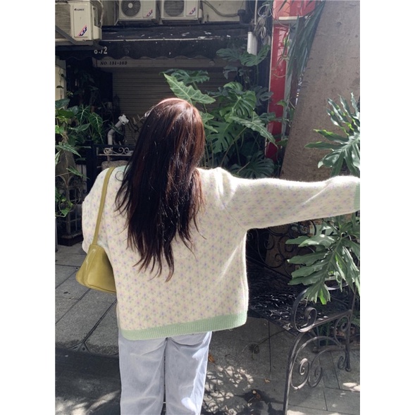 Áo cardigan len, áo khoác thổ cẩm vintage màu xanh lá bánh bèo Hàn Quốc
