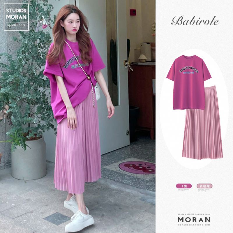 Set áo thun phối chân váy xếp ly siêu xinh style Hàn Quốc