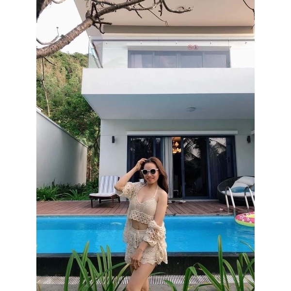 Bikini đồ bơi nữ đi biển len đồng xu mix quần len đai thun