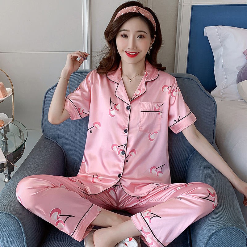 Bộ Đồ Ngủ 2 Món Bằng Lụa Satin Tay Ngắn In Hình Động Vật Plus Size M-5XL Dành Cho Nữ
