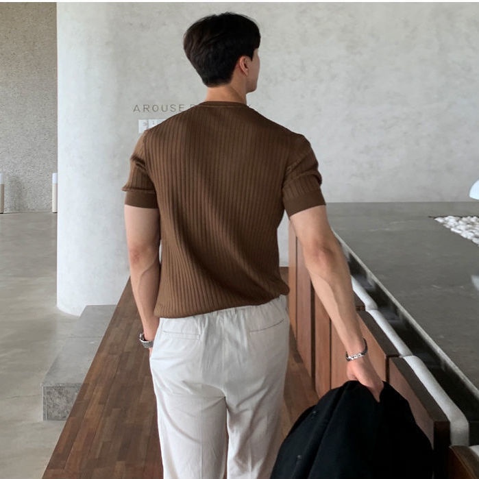 Áo Thun Dệt Kim Tay Ngắn Cổ Tròn Thời Trang Mùa Hè Phong Cách Hàn Quốc Cho Nam