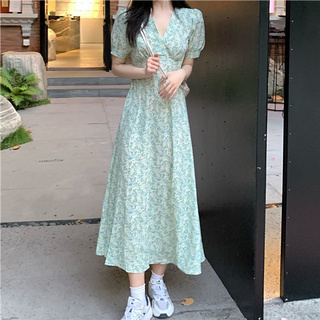 Đầm chiết eo in hoa thời trang mùa hè Pháp dành cho nữ