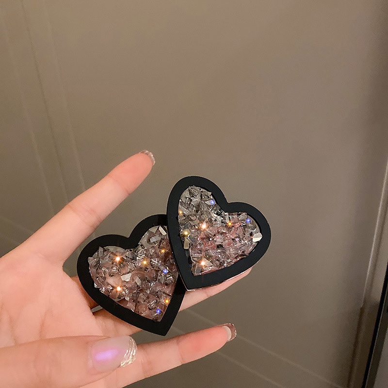 Bông tai mạ bạc 925 hình trái tim đính đá màu đen phong cách retro