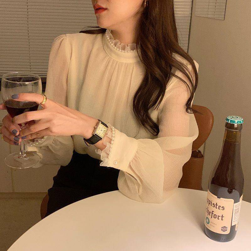 Áo mỏng trong suốt cổ cao phối ren đính ngọc trai nhân tạo phong cách pháp thanh lịch thời trang