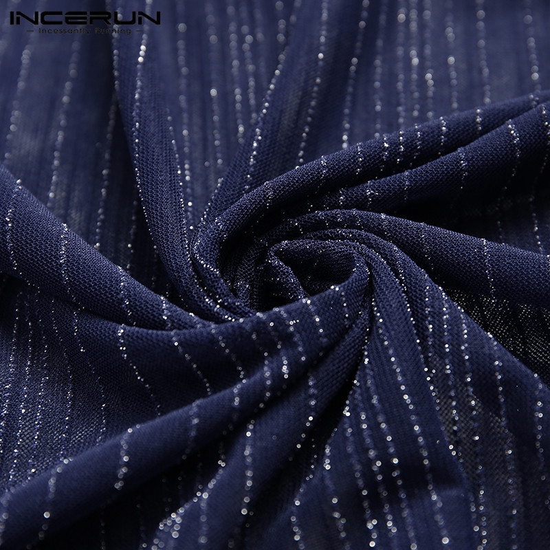 Áo INCERUN Tay Ngắn Lưới Xuyên Thấu Họa Tiết Sọc Dành Cho Nam