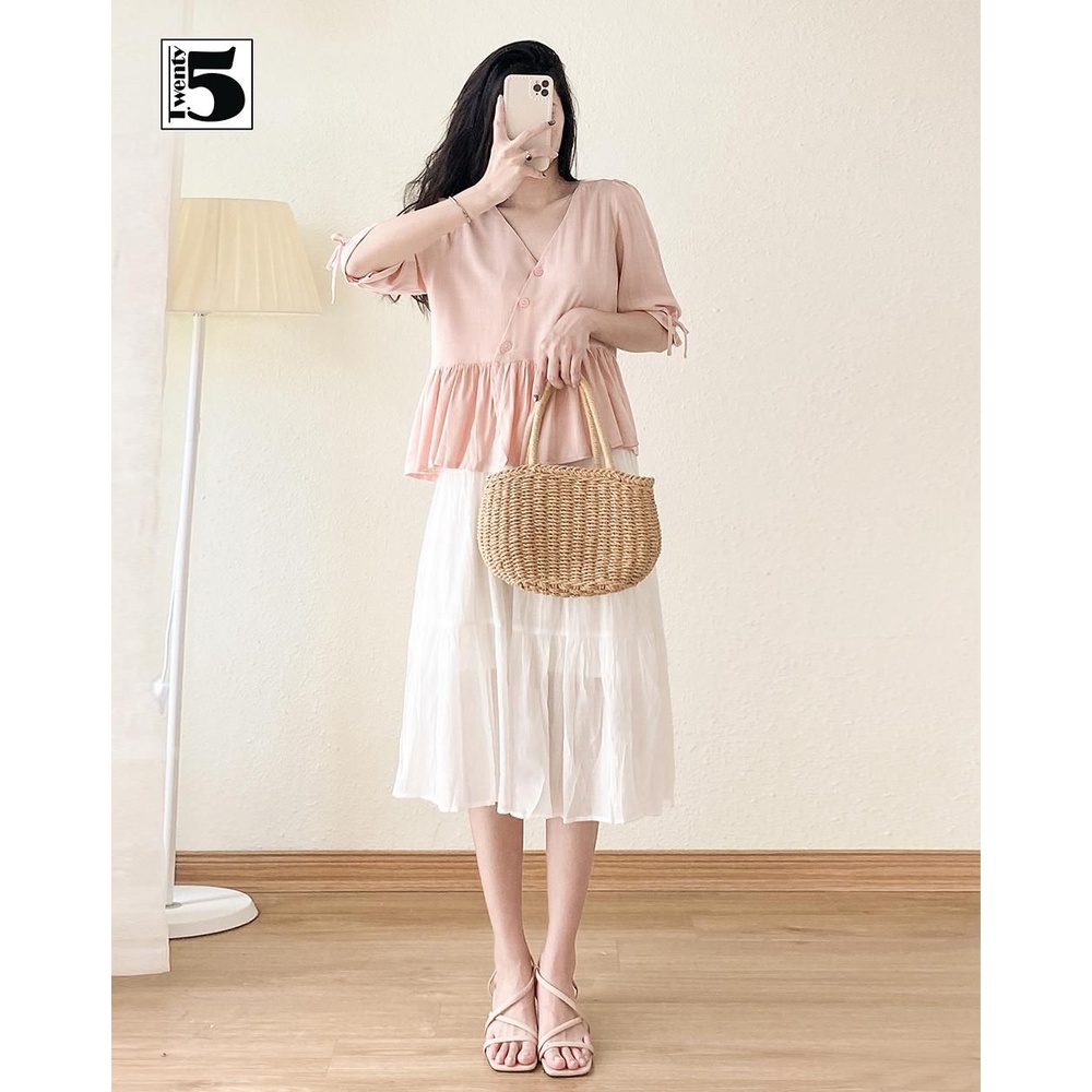 Áo sơ mi nữ Twentyfive babydoll cổ V dáng lửng vạt chéo thắt nơ cổ tay TA13