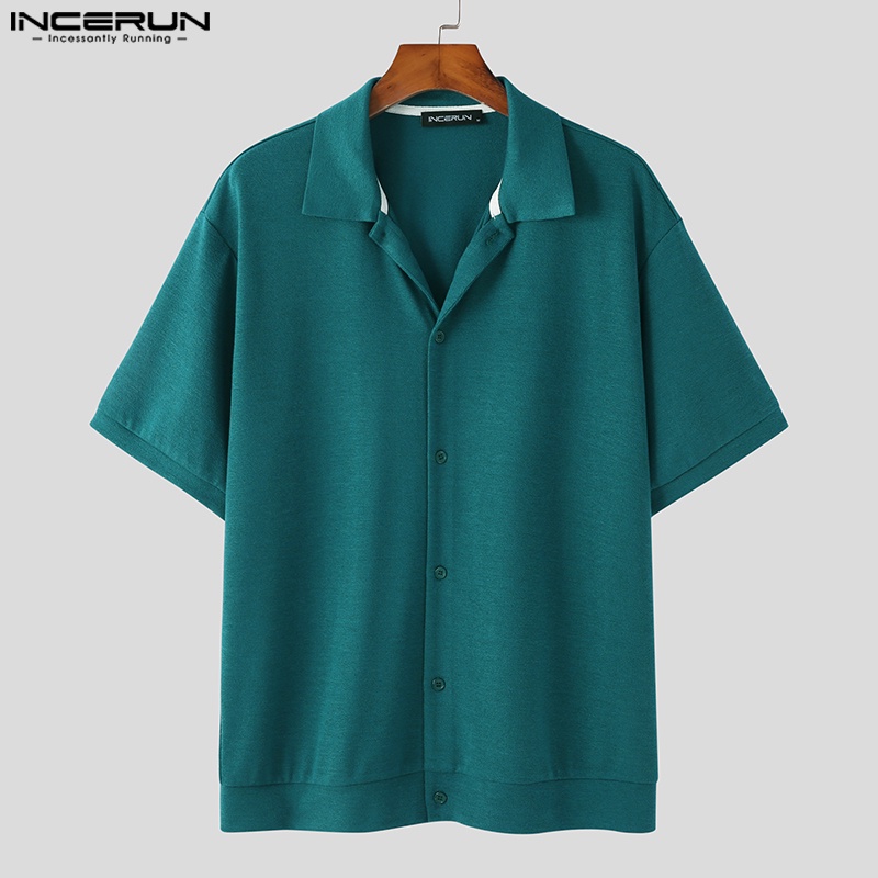 Áo sơ mi INCERUN tay ngắn màu trơn cài nút thời trang lịch lãm cho nam