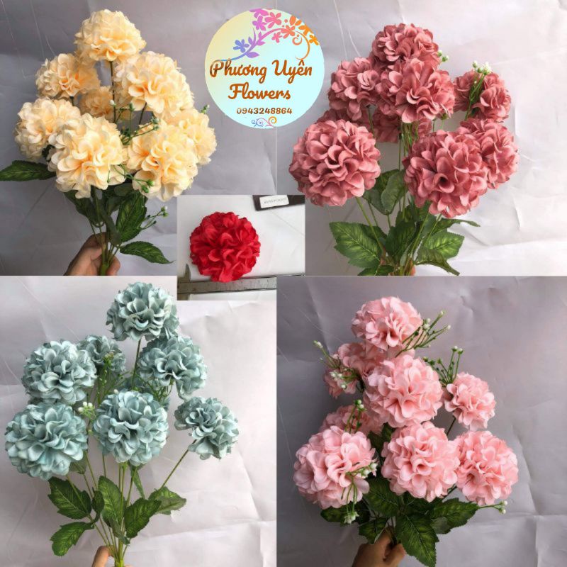 Cụm Tú Cầu 9 bông Size To , dài đầu bông 8cm_ hoa giả trang trí