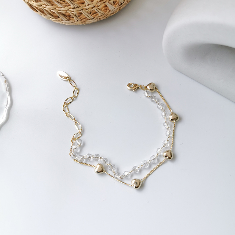 XiaoboACC Korea Fashion Crystal Love Double Layer Splicing Chain Bracelet