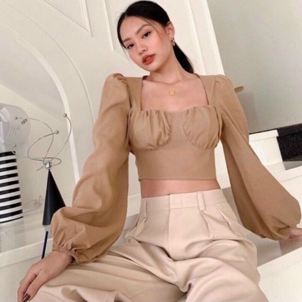 Áo kiểu cổ U tay phồng nơ lưng sau( Có mod ngực) siêu đẹp cao cấp