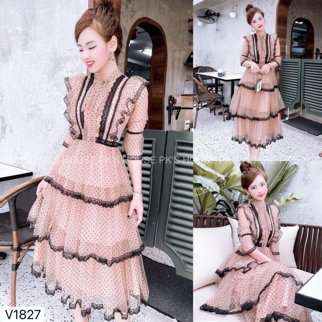 Váy Thiết Kế Dáng Xoè Be Chấm Bi Phối Ren Xếp Tầng V1827, Đầm Công Chúa Cao Cấp - PK Official | BigBuy360 - bigbuy360.vn