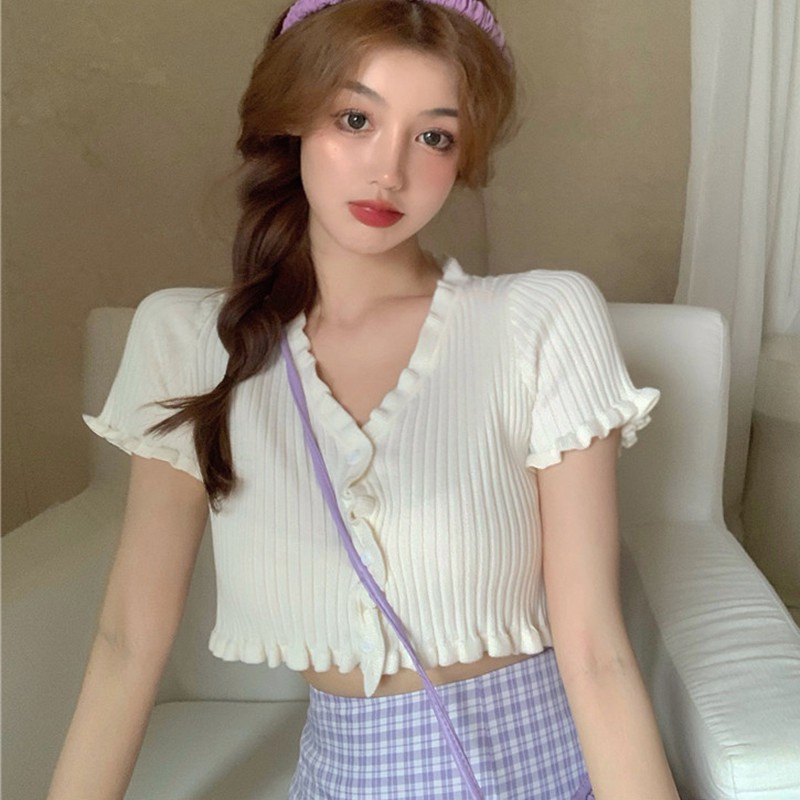 Áo Len Nữ Tay Ngắn Cổ Chữ V Thời Trang Quyến Rũ