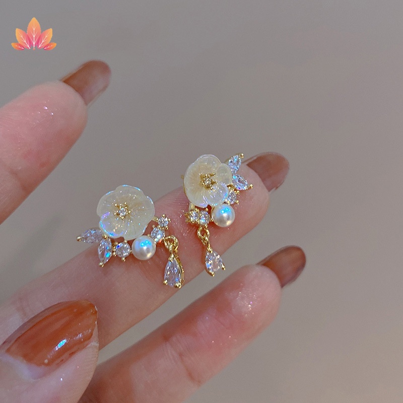 Bông Tai Hình Hoa Mộc Lan Đính Đá zircon Sang Trọng Phong Cách Pháp st JP5