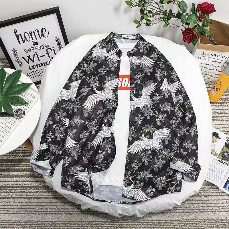 Áo sơ mi tay dài họa tiết chim sếu thời trang phong cách dành cho nam | BigBuy360 - bigbuy360.vn