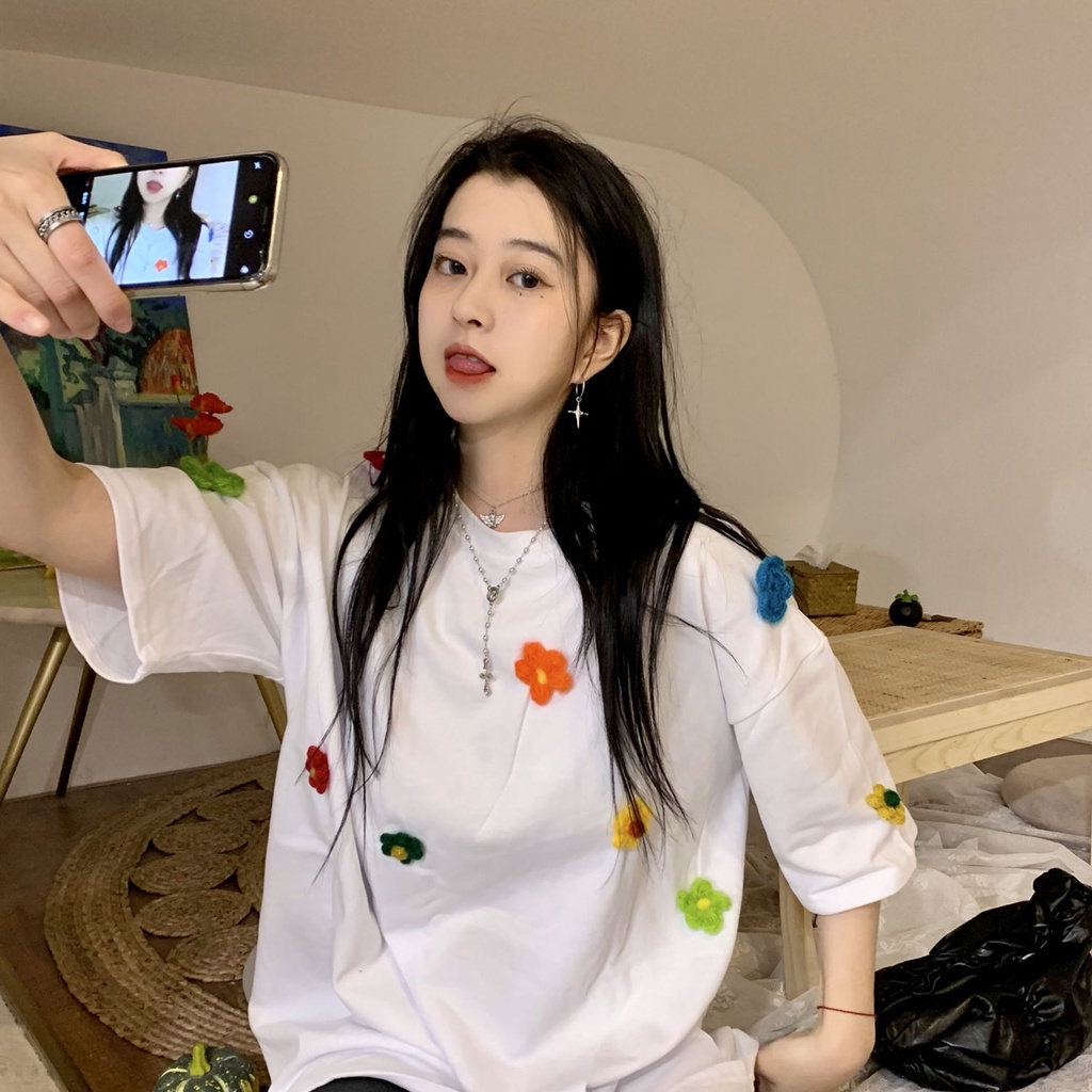 Áo Thun Cotton Tay Ngắn Dáng Rộng In Họa Tiết Hoa Phong Cách Hàn Quốc Thời Trang Mùa Hè Mới 2022 Dành Cho Bạn Nữ