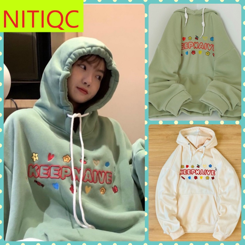 ÁO KHOÁC HOODIE CHUI ĐẦU NỈ NGOẠI NỮ THÊU CHỮ KEEPNAIVE HOA LÁ MÀU BE XANH CỐM DÀY DẶN ẤM ÁP CAO CẤP NITIQC