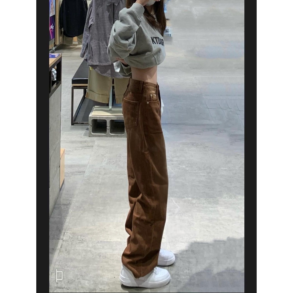 ♂▼Quần Jean Ống Rộng Lưng Cao Màu Sắc Cà Phê Phong Cách Retro Đường Phố