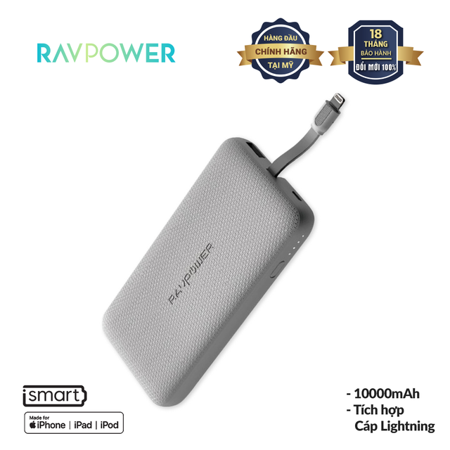 Pin Sạc Dự Phòng RAVPower 10000mAh 17, 5W Tích Hợp Cáp Lighning, MFI, RP- PB099