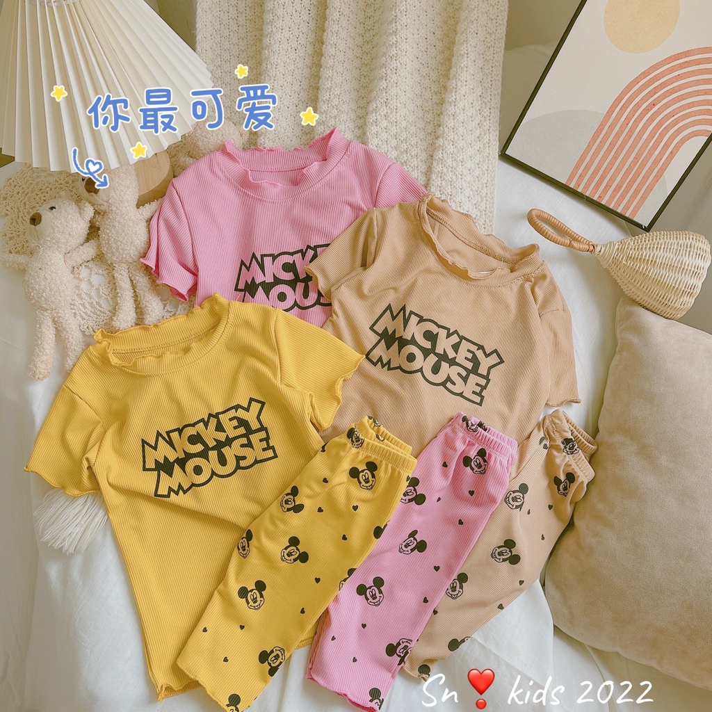Bộ cộc tay bé gái, bộ tăm lạnh QC Mickey Mouse sóng viền cổ cho bé